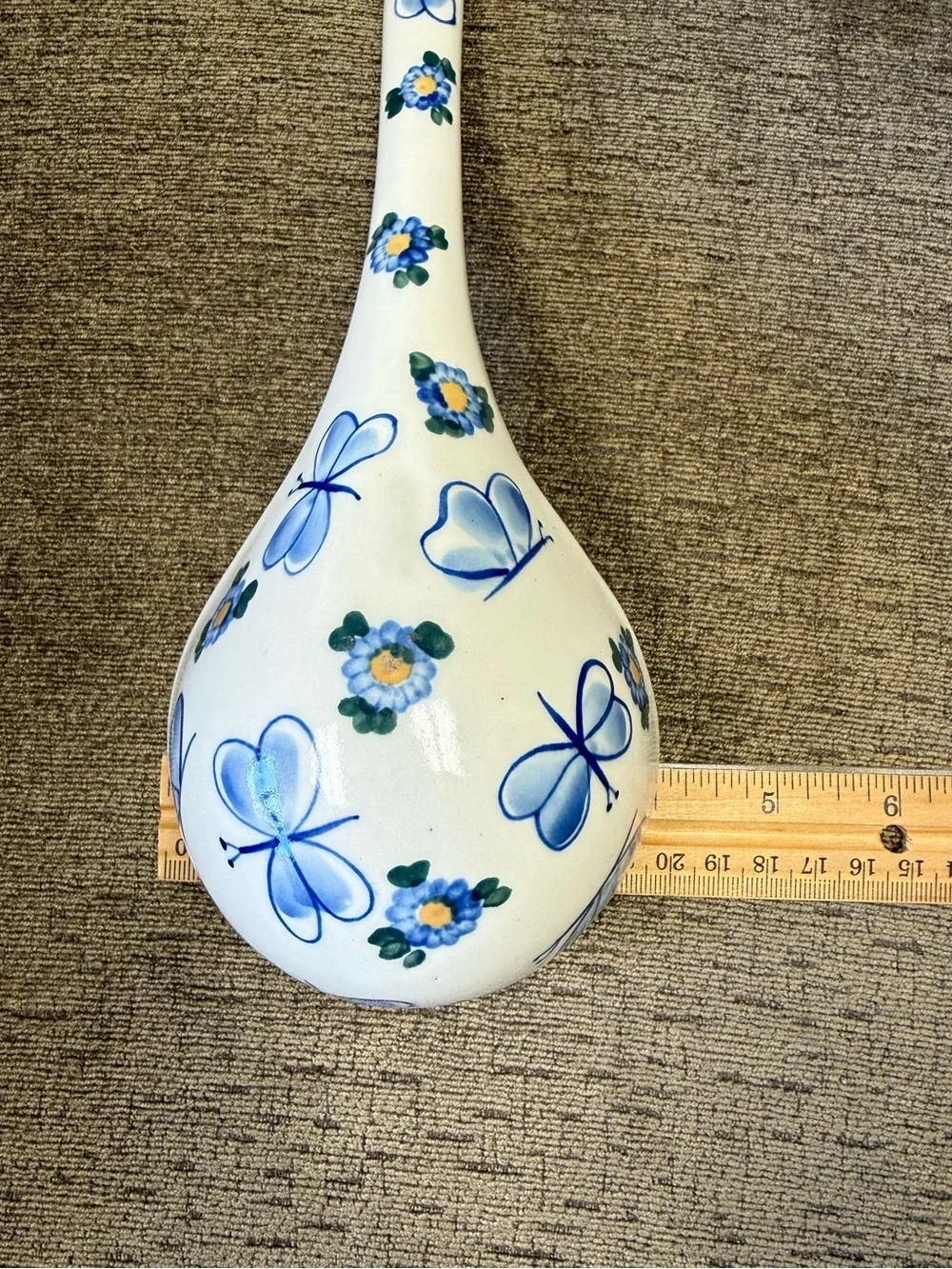 Polish Pottery Blue Butterfly & Floral Ceramic Large Ladle Signed A. Beszayi.